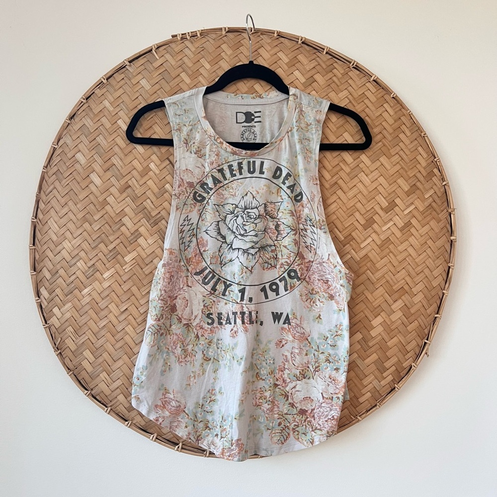 Grateful Dead Floral Graphic Tank Top - Cream, Pink, Green